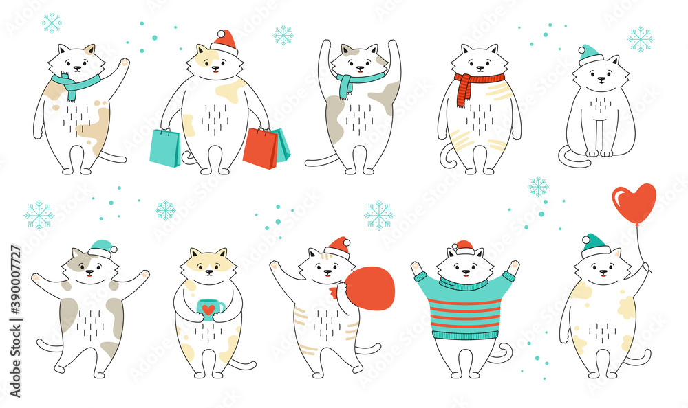 Christmas cat set. Collection kitten witn gift, purchase, sweaters. New year cats in Santa Claus hats. Hand drawn funny doodles cartoon character. Happy New year, merry Christmas. Animal vector