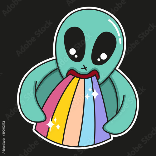 Alien puking or vomiting rainbow vector cartoon illustration