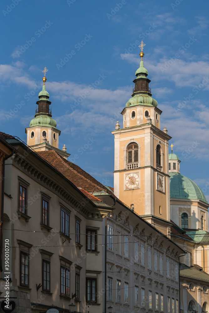 Traditional Eastern European architecture, tower buildings in Ljubljana city street