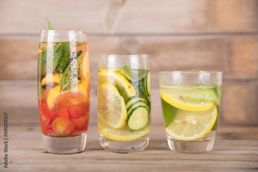 Fototapeta premium Three different lemon mint teas in summer