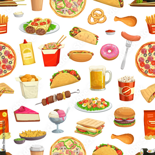 Fast food pattern, seamless background, vector hamburgers, pizza and burger sandwiches. Fastfood, menu hot dog, fries, drinks and snacks, ice cream, donut, burrito and noodles pattern background