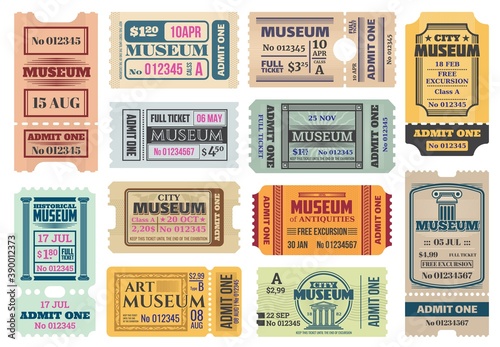 Museum retro tickets, admits templates. Vector coupons exhibition access with date, time, seat and row number, price and separation line. Vintage paper cards set for art, antiques city museum entry