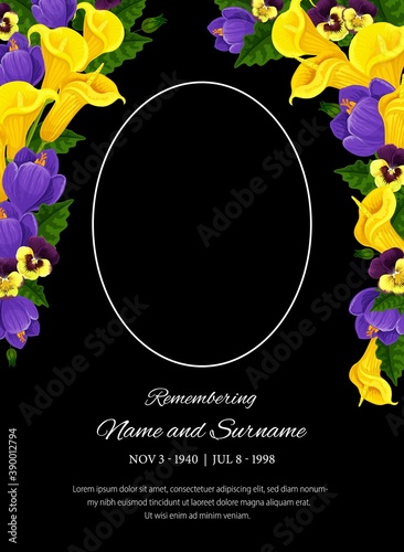 Funeral card vector template, oval frame for photo, condolence pansy and calla flowers, place for name, birth and death dates. Obituary memorial, gravestone, funereal card with remembering typography