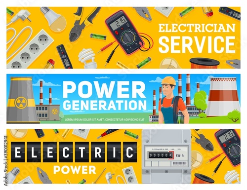 Electrician service and electric power generation banners. Electrician or lineman, power plant, tools and equipment. Electricity meter and tester, extension cord, lamp cutters and pliers vector