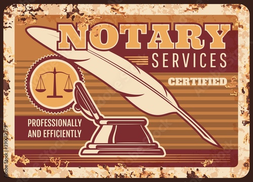 Notary services metal plate rusty, legal lawyer or law firm, vector poster retro. Legal juridical and jurisprudence service in civil rights and laws, juridical counselor or attorney solicitor