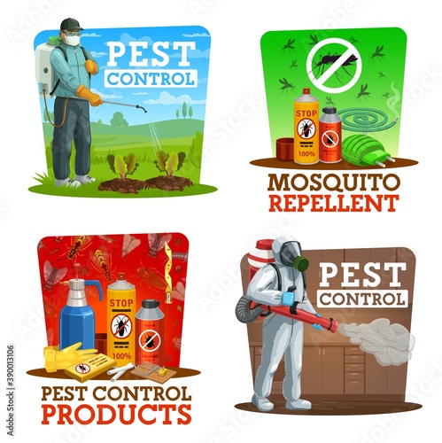 Pest control vector icons, disinsection, insects extermination service at home and gardens. Agricultural pest control with cold fogger and press sprayer against field rodents, mosquito repellents