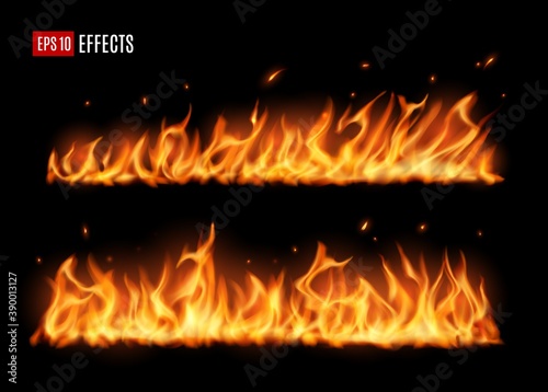 Long burning fire tongues, realistic vector flame with particles, flying sparks and embers. 3d fire design elements, burning blaze effect, glowing shining flare border isolated on black background