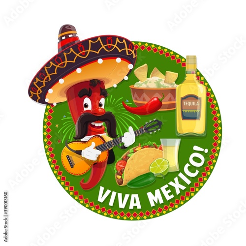 Viva Mexico chilli pepper cartoon character. Vector red pepper with Mexican sombrero hat, mustache and guitar, tacos, and nachos with guacamole and cactus tequila with jalapeno and lime