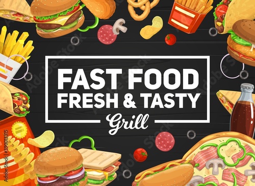 Fast food vector burger and hot dog, pizza and sandwich, soda drinks. French fries and roll, tornado potato and tacos takeaway fastfood. Junk food cheeseburger and hamburger combo menu
