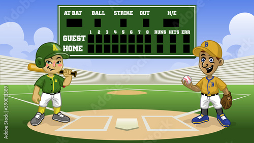 cartoon baseball games in the stadium with bank scoreboard