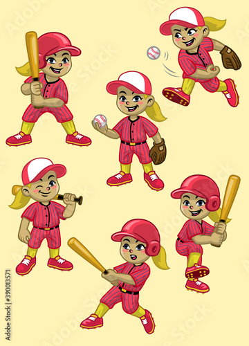 set cartoon of girl baseball player