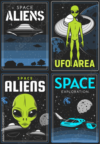 Retro posters with alien and ufo area, vector extraterrestrial comer with green skin and huge eyes. Space exploration card with shuttle in outer cosmos with stars and planets, saucers in starry sky