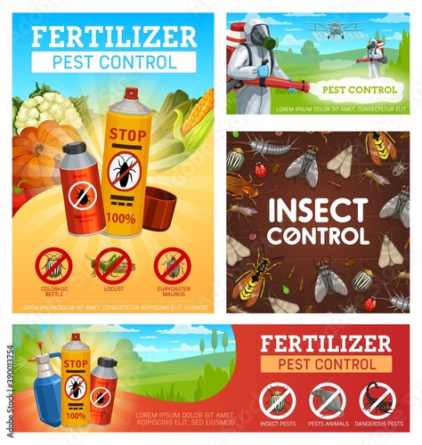 Fertilizer pest control vector posters. Disinsection, insect control on fields and gardens, exterminator with cold fogger spraying insecticide against insects and rodents. Aerosols for vermin fighting