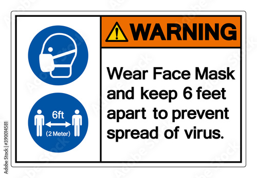 Warning Wear Face Mask and keep 6 feet apart to prevent spread of virus Symbol Sign, Vector Illustration, Isolate On White Background Label. EPS10