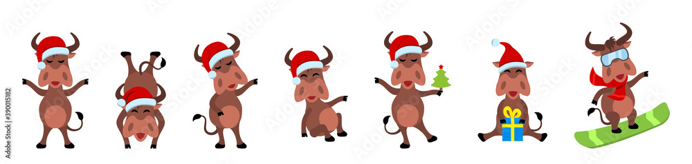 Set Funny Oxen, Christmas Bulls, Cheerful Cartoons in Santa Hats Set Funny Oxen, Christmas Bulls, Cheerful Cartoons in Santa Hats