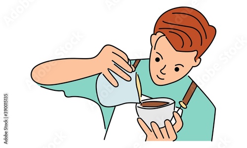 Barista pouring milk to coffee