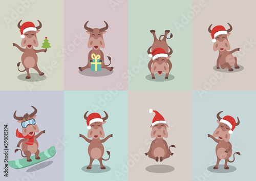 Set Cheerful Oxen, Christmas Bulls, Happy Cartoons in Santa Hats