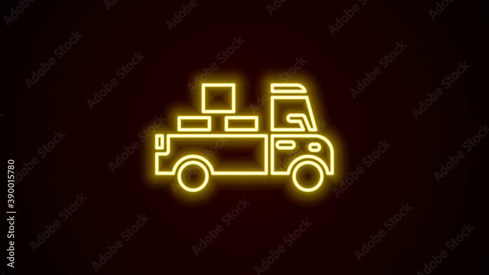 Glowing neon line Delivery truck with cardboard boxes behind icon isolated on black background. 4K Video motion graphic animation Glowing neon line Delivery truck with cardboard boxes behind icon isolated on black background. 4K Video motion graphic animation