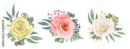 Set of flower arrangements. White, beige and pink roses. Green plants and small flowers. Flowers on a white background.