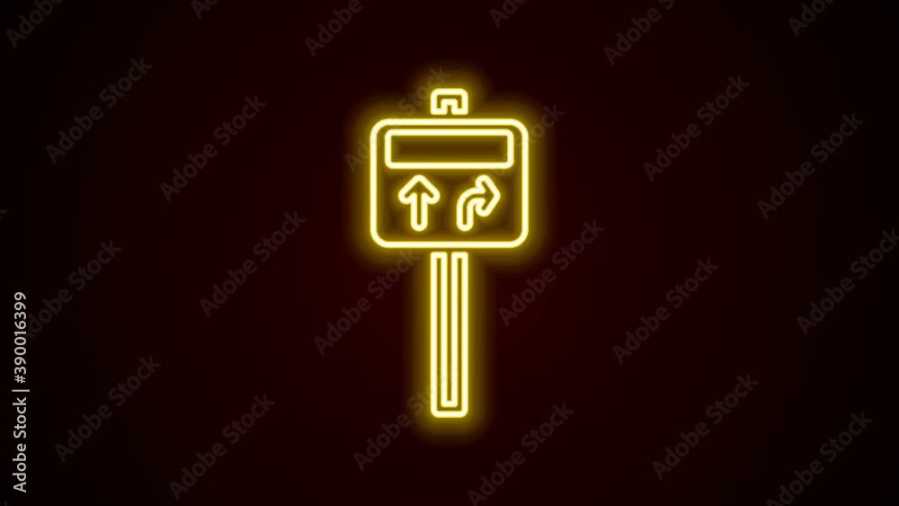 Glowing neon line Road traffic sign. Signpost icon isolated on black background. Pointer symbol. Street information sign. Direction sign. 4K Video motion graphic animation Glowing neon line Road traffic sign. Signpost icon isolated on black background. Pointer symbol. Street information sign. Direction sign. 4K Video motion graphic animation
