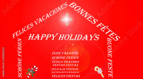 Cartolina di auguri e buone feste multilingue su sfondo rosso photo