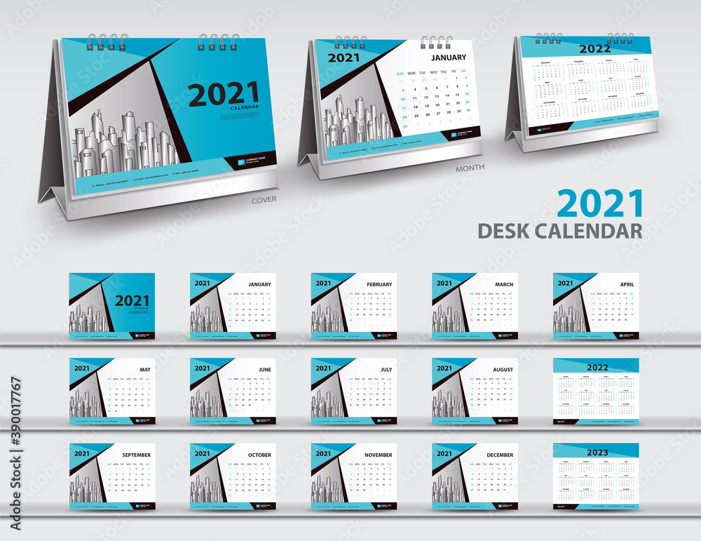 Calendar 2021, 2022, 2023 year template vector and 3d mockup desk calendar, Set Desk Calendar 2021 vector creative design, Blue cover design, Set of 12 Months, Week starts Sunday, Stationery. Calendar 2021, 2022, 2023 year template vector and 3d mockup desk calendar, Set Desk Calendar 2021 vector creative design, Blue cover design, Set of 12 Months, Week starts Sunday, Stationery.