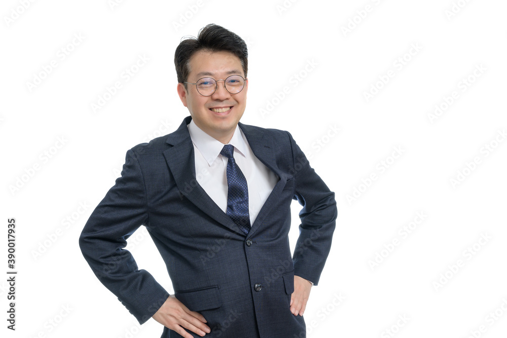 White background and gestures of an Asian middle-aged businessman.