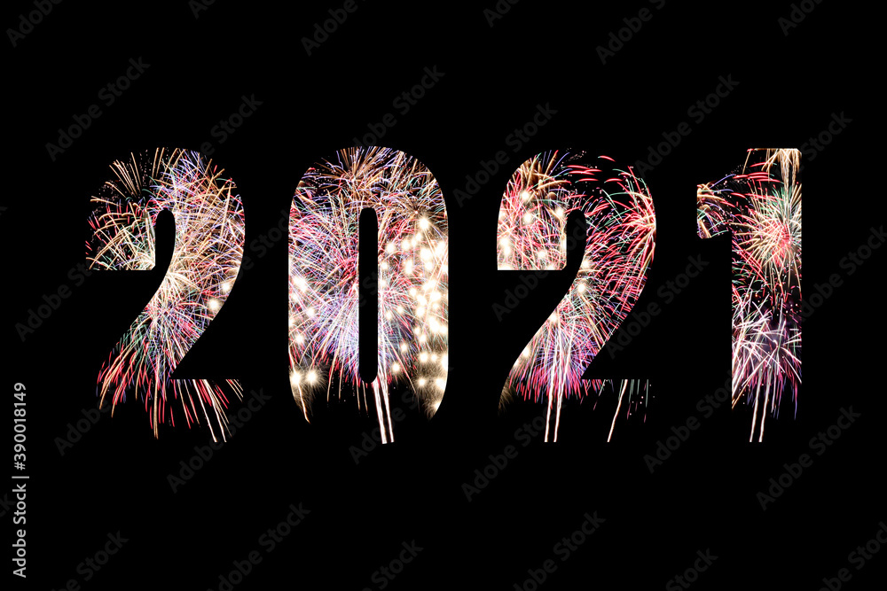 2021 text on fireworks background.