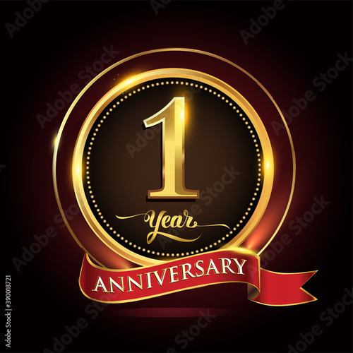1st years celebration anniversary logo with golden ring and red ribbon.