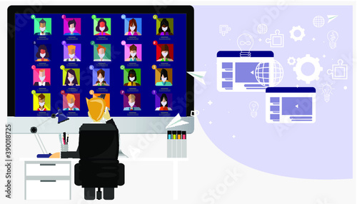Work from home stay at home teleconference for business locked down. Covid-19 coronavirus outbreak concept. Flat design.