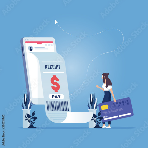 Mobile payment concept-Receipt of statistics data, Receipt of statistics data, notification on financial transaction, mobile bank, smartphone with a paper bill. Analysis and statistic online services