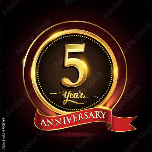 5th years celebration anniversary logo with golden ring and red ribbon.
