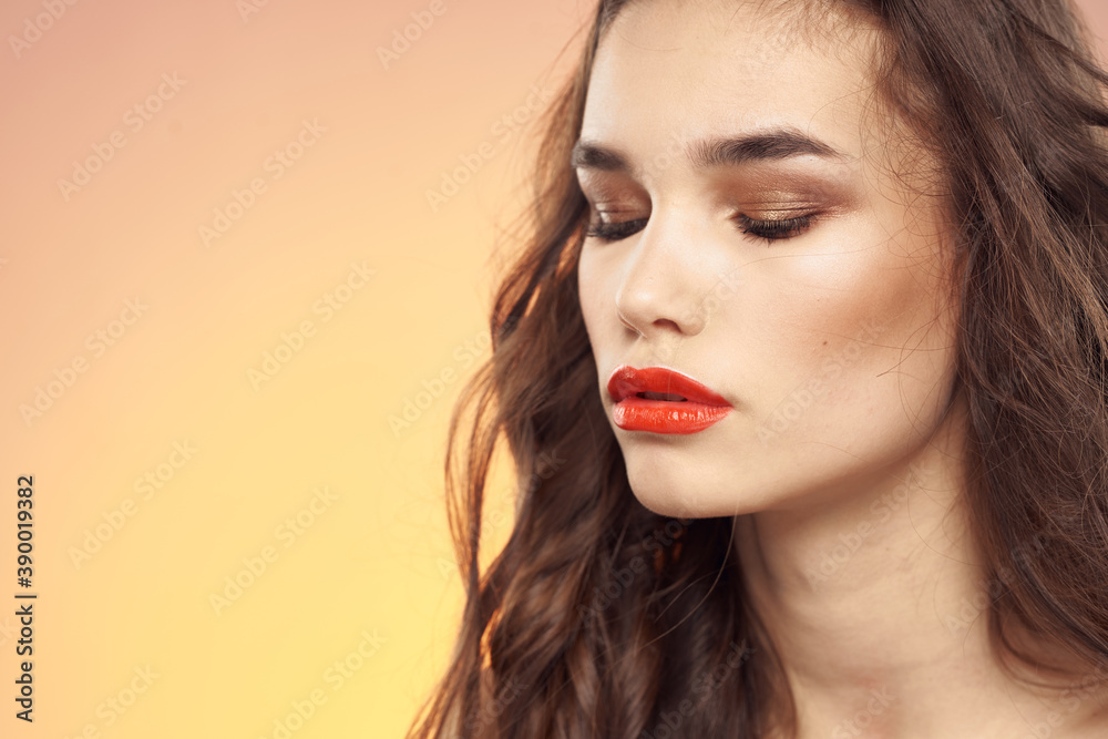 Beautiful woman bright makeup hairstyle care close-up elegant style model Beautiful woman bright makeup hairstyle care close-up elegant style model
