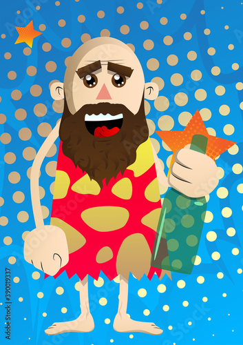 Cartoon caveman holding a bottle. Vector illustration of a man from the stone age.
