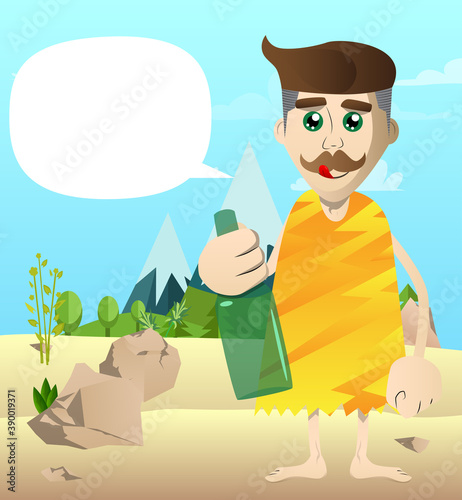 Cartoon caveman holding a bottle. Vector illustration of a man from the stone age.