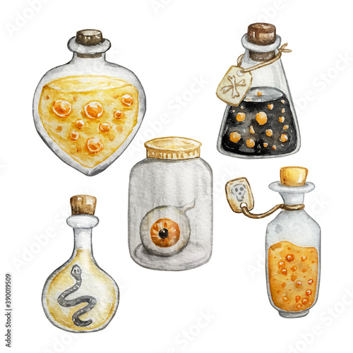 Watercolor set of vintage bottles with liquid and a bottle with an eye