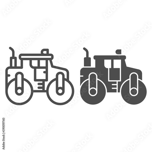 Asphalt roller line and solid icon, heavy equipment concept, steamroller truck sign on white background, Road roller icon in outline style for mobile concept and web design. Vector graphics.