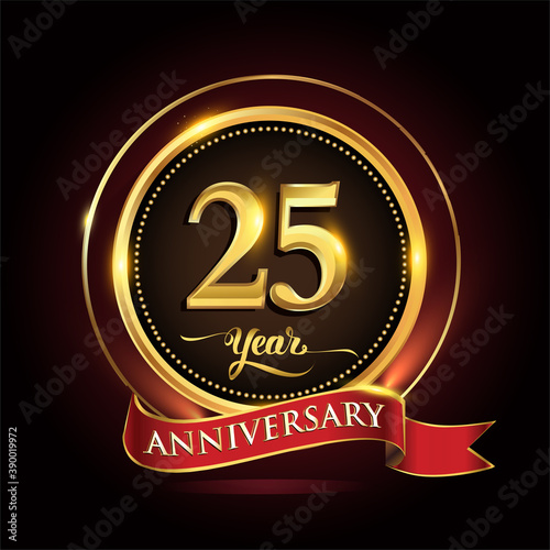 25th years celebration anniversary logo with golden ring and red ribbon.