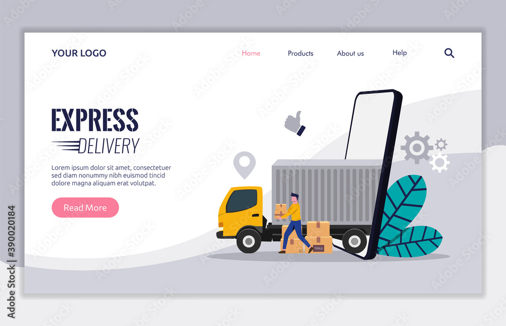 Landing page template of delivery service with trucking concept. Courier character carrying box package to deliver to customer. Landing page template of delivery service with trucking concept. Courier character carrying box package to deliver to customer.