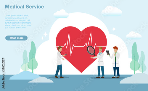 Medical and healthcare service concept. Group of Doctor team,  diagnosis and maintenence patient heart with cardiology. Landing page, Vector.