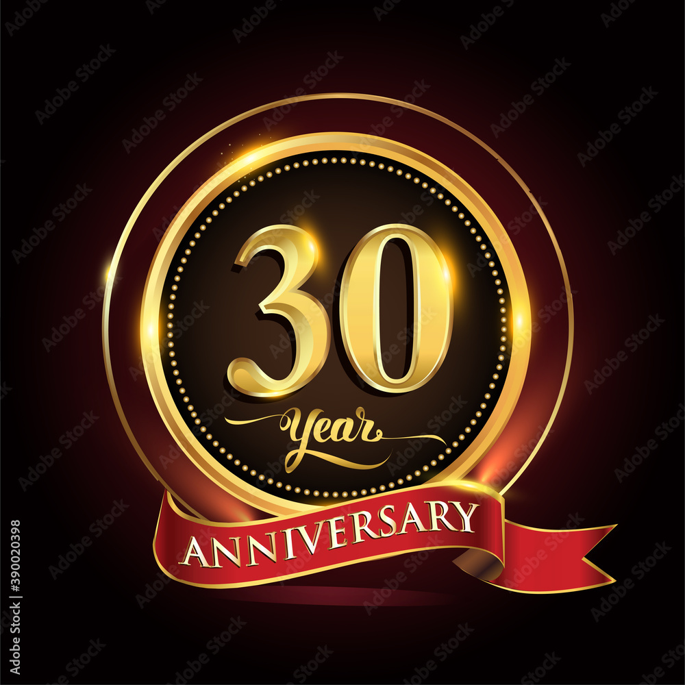 30th years celebration anniversary logo with golden ring and red ribbon.