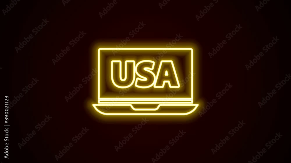 Glowing neon line USA United states of america on laptop icon isolated on black background. 4K Video motion graphic animation Glowing neon line USA United states of america on laptop icon isolated on black background. 4K Video motion graphic animation