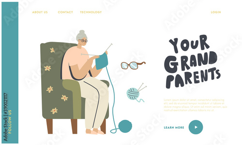 Grandmother Enjoying Knitwork Landing Page Template. Senior Woman Sitting on Armchair Knitting Clothing, Granny Hobby