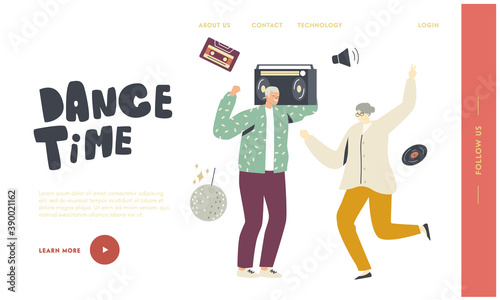 Elderly People Leisure or Active Hobby Landing Page Template. Old Characters Dance with Tape Recorder. Senior Pensioners