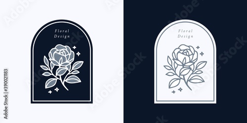 Hand drawn vintage botanical rose flower logo template and feminine beauty brand element set with frame in elegant linear style