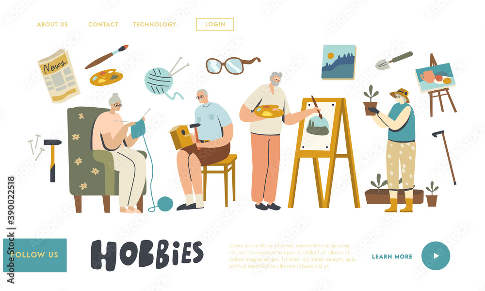 Senior Male Female Characters Spend Time at Home Engaging Hobby Landing Page Template. Making Birdhouse, Painting