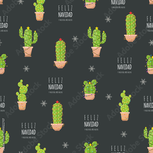 Christmas pattern with cute cactus. Feliz navidad. Vector illustration in cartoon style. New year design for wrapping paper, textiles, fabric.
