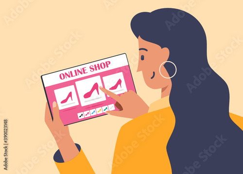 Long Haired Young Woman Selecting Item or Shoes in Online Shop B2B Web Page with a Tablet Computer Apps. E-Commerce and Business Flat Vector Cartoon Design. Hand Swiping Product in Mobile Tab. 