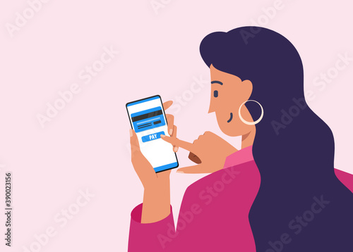 Smiling Young Woman Buying Online Shop with Mobile Bank Credit Card Apps. E-wallet and Internet Payment Flat Vector Cartoon Design. Hand Tapping Pay Button in Smartphone. Financial Technology Concept.