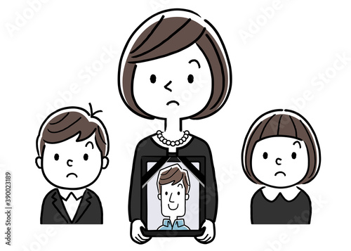 ベクターイラスト素材：喪服を着た女性と子供、遺影を持つ、未亡人
